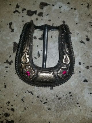 Vintage Mexican Sterling Silver And 10k Belt Buckle With Red Stone Accents