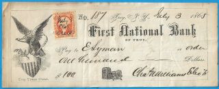 Antique Check Troy York,  First National Bank,  July 3rd 1865,  With Tax Stamp