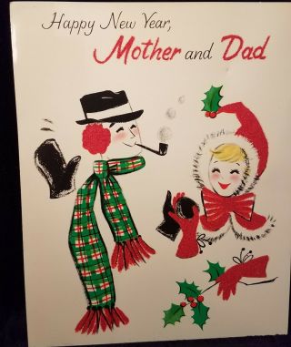 Mid Century 1950s Christmas Card Mother And Dad Flocked Accents