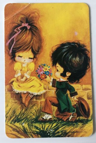 Vintage 70s Valentine Dundee Swap Card: Boy Proposing,  Giving Flowers To Girl