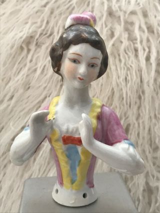 Vintage Pin Cushion Doll French Lady Porcelain Half Hair Comb Victorian Pink