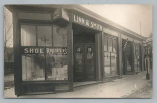 Linn & Smith Cobbler Shop Rppc Antique Shoe Store Photo Barber Shop Pole 1910s