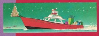 Vtg Mc Rust Craft Christmas Card Santa Claus Drives Speed Boat Glitter Present