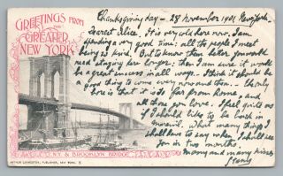 Greetings Greater York Antique Brooklyn Bridge Rare Pmc To France 1901