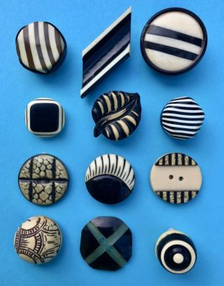 12 Vintage Art Deco Black & Cream Celluloid Buttons