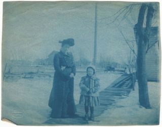 1900s Mom & Daughter On Board Sidewalk In Winter Vintage Cyanotype