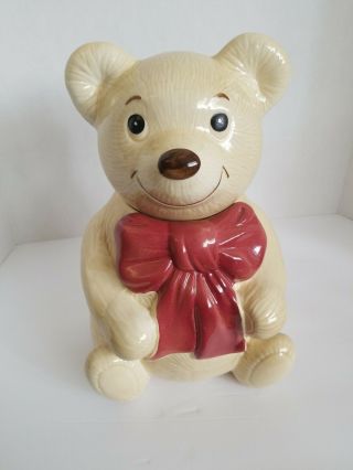Vintage Metlox Bear Cookie Jar Tan With Burgundy Bow Made In Usa Kitchen Decor