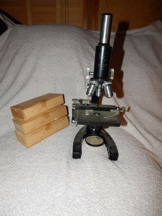 Vintage Bausch & Lomb Monocular Compound Microscope Vintage 3 Slide Boxes