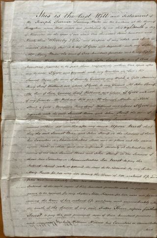 1798 Vintage Document Will & Testament For Joseph Turner Of Kingston Upon Hull