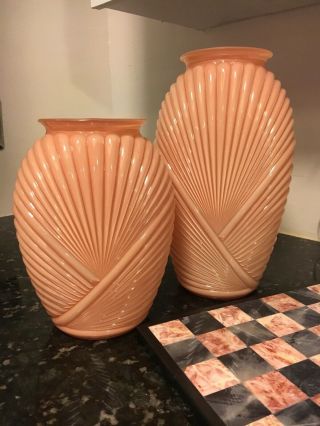 Art Deco Vase Set Of 2 Vintage Ribbed 80s Vases Pink Vases