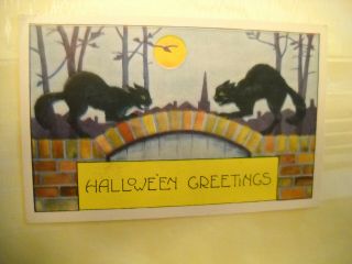 Halloween Cats Hiss On Brick Wall Antique Embossed Postcard Lithograph