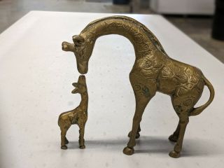 Vintage Baby And Mother Giraffe Solid Brass Figurine Set