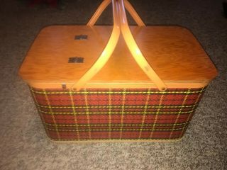 Vintage Redmon Red Scotch Plaid Large Picnic Basket Wood 1950 