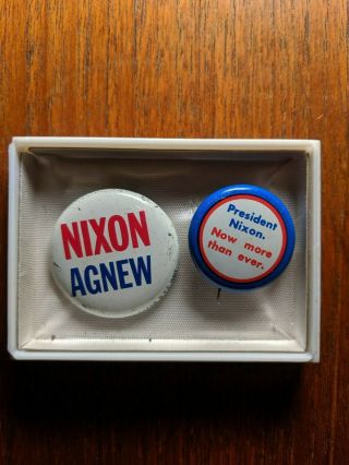 2 Official 1972 Richard Nixon Presidential Campaign Buttons Agnew Vtg
