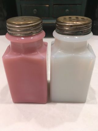Vintage White And Pink Milk Glass Salt And Pepper Shakers