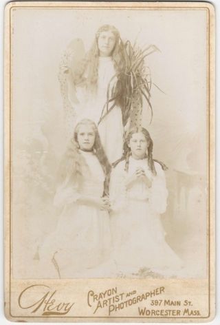 Girl Dressed As Angel With Two Sisters - Worcester 19th Century Cabinet Photo
