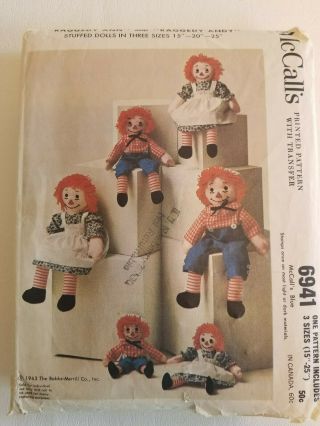 Complete 1963 Raggedy Ann Andy Dolls Pattern Mccalls 6941 With Transfers 3 Sizes
