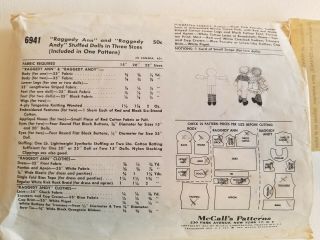 Complete 1963 RAGGEDY ANN ANDY DOLLS PATTERN McCalls 6941 With Transfers 3 SIZES 2