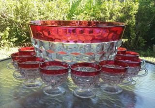 Rare Vintage Fostoria American Punch Bowl/ Ruby Red Boarder - Cups & Ladle Inc.