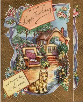 Vintage Folded Birthday Greeting Card: Cottage Garden & Corgi Dog