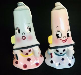 Vintage Anthropomorphic Py Miyao Napco Japan Toothpaste Lady Salt Pepper Shakers