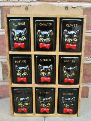 Vintage 9 Pc.  Black Cat Spice Set Shakers W/ Wood Rack