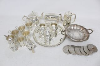18 X Vintage Silver Plate Tea Set Inc.  Teapot,  Coffee Pot,  Jug,  Tray,  Mugs Etc
