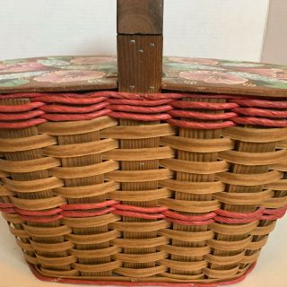 Vintage Wood Sewing Knitting Picnic Basket Style Wood Hand Painted Wood Lid