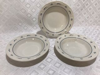 Longaberger Pottery Blue Woven Traditions 3 Soup Salad Bowls Rimmed Usa 8 "