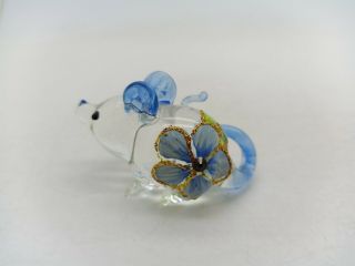 Rat Mouse Mice Glass Figurine Animal Hand Blown Blue Flower - Gpra016