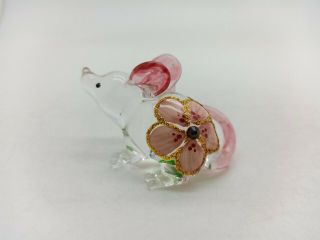 Rat Mouse Mice Glass Figurine Animal Hand Blown Pink Flower - Gpra017