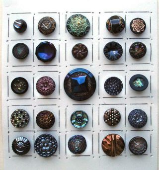 25 Antique & Vintage Black Glass Buttons / Painted Iridescent