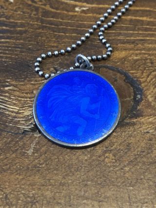 Vintage Charles Thomae Saint Christopher Medal,  Sterling Silver,  Blue Enamel 1”