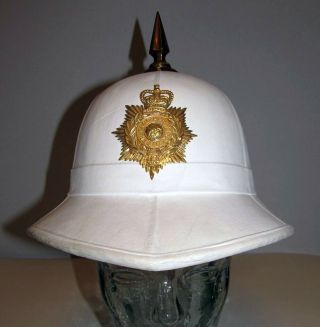 British Royal Marines White Pith Helmet With Gibraltar Cap Badge & Top Spike