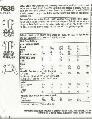 7636 Simplicity Sewing Pattern Girls Dress & Jacket Size 7 8 10 Vintage 1990s 3
