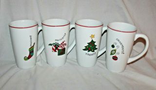 Gourmet Fitz And Floyd Happy Holidays Tall Mugs Set Of 4 Christmas Coffee Cup