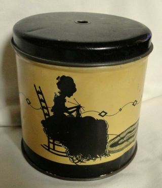 Antique String Twine Holder Tin Can Woman Knitting With Cat