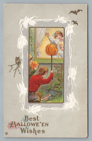 Halloween Wishes—antique Embossed Pc Boys & Girls In Window Jol Bats 1916