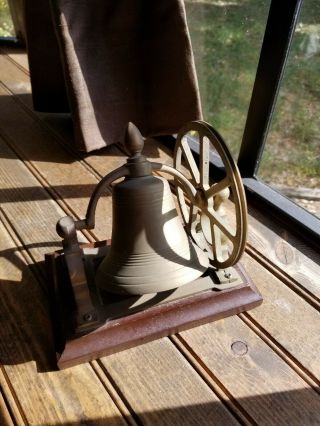 Vintage Brass Ship ' s Bell Desk Decor Mounted On Wood Wooden Base With Wheel 3