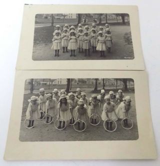 2 Real Photo Postcards 16 Little Girls In White Dresses Hats & Hoops