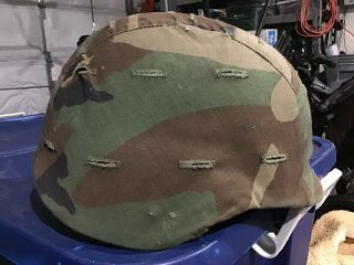 Us Army Pasgt Ground Troop Helmet Made With Kevlar W/woodland Camo Cover Med