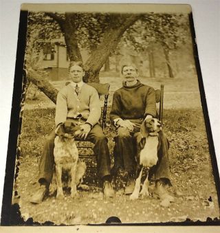 Rare Antique American Father & Son,  Pet Dogs Outdoor Real Photo Postcard Rppc