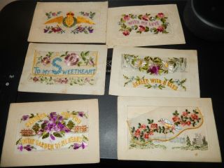 6 X Ww1 Embroidered Silk Postcards :5 Lovey Dovey And The Other One Is Rec Flags