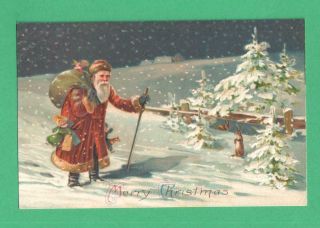 Vintage Christmas Postcard Santa Claus Sack Toys Snow Rabbits Fir Trees