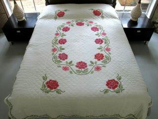 Red Roses On This Vintage Hand Quilted Cross Stitch Quilt; 96 " X 68 "