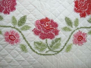 RED ROSES On This Vintage Hand Quilted Cross Stitch QUILT; 96 