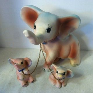 Vtg Japan Ceramic Bisque Elephant & 2 Babies On Chain Label