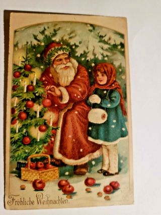 Vintage German Santa Postcard Santa Light And Medium Brown Trimming Tree & Girl