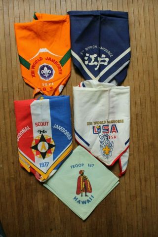 5 Vintage Boy Scouts Kerchiefs Jamboree Xiii World,  Nippon,  Hawaii,  Nat 