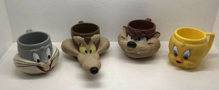 4 Vintage Looney Tunes 3d Mugs Cups Bugs Bunny Tweety Wile E Coyote Taz 1992